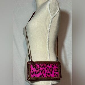 American Bling Leather and Fur Leopard Print Crossbody Wallet 4.5 x 8